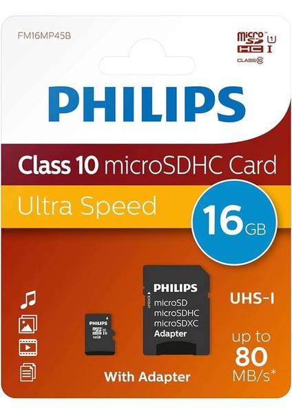 Ultra Speed Microsdhc Card 16 GB + Sd Adaptörü Uhs-I U1, 80 Mb/sn'ye Kadar Okuma Hızı, A1 Hızlı Uygulama Performansı, V10, Akıllı Telefonlar, Tablet, Bilgisayar, Kart Okuyucu, Full Hd Video