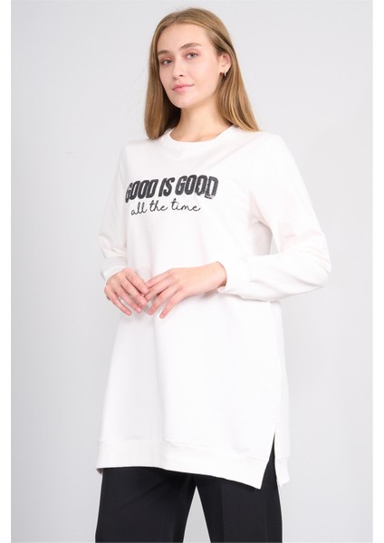 8806 Kadın Bisiklet Yaka 2 Iplik Oversize Tunik Krem