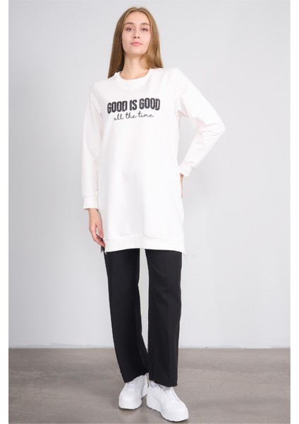 8806 Kadın Bisiklet Yaka 2 Iplik Oversize Tunik Krem fiyatları