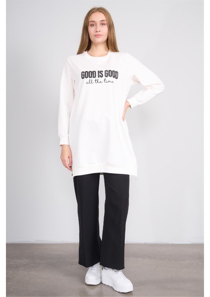 8806 Kadın Bisiklet Yaka 2 Iplik Oversize Tunik Krem modelleri