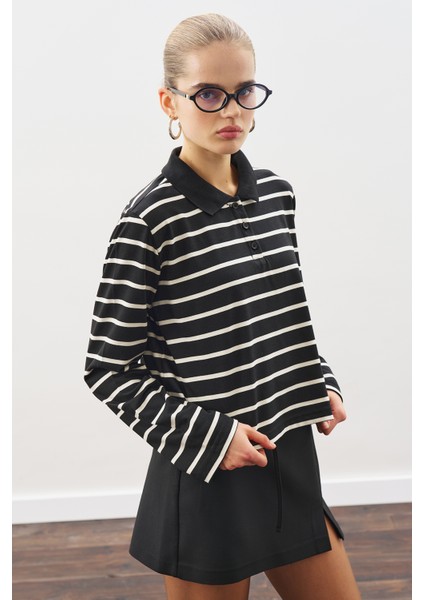 Polo Yaka Çizgili Tshırt Siyah