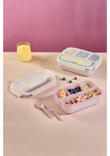 Kaşık Çatallı Lunch Box Sızdırmaz Contalı Kapaklı 4 Bölmeli Beslenme Kabı - Pembe