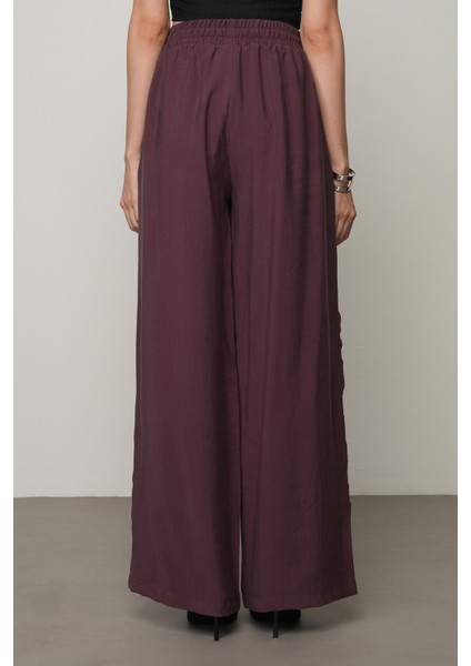 Kadın Şerit Gül ve Taş Detaylı Düz Renk Beli Lastikli Bol Paça Pantolon indirimleri