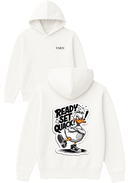 Ready Set Quack Tasarım Baskılı Oversize Beyaz Kapüşonlu Sweatshirt