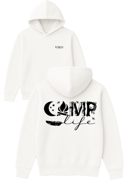 Camp Life Tasarım Baskılı Oversize Beyaz Kapüşonlu Sweatshirt