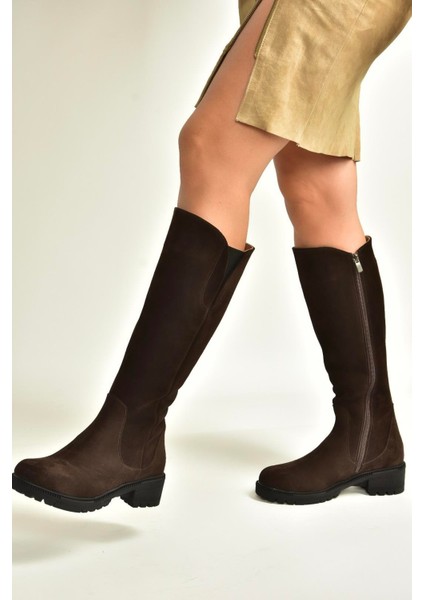 N654226102 Kahverengi Hakiki Deri Süet Günlük Kadın Çizme modelleri