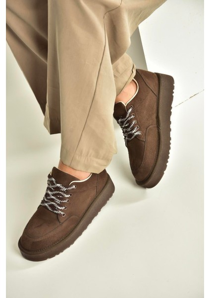 V602045402 Kahverengi Süet Süet Kalın Tabanlı Günlük Kadın Ayakkabı