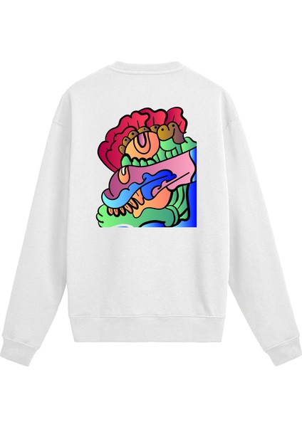 Soyut Çizimli Renkli Karikatür Baskılı Sweatshirt