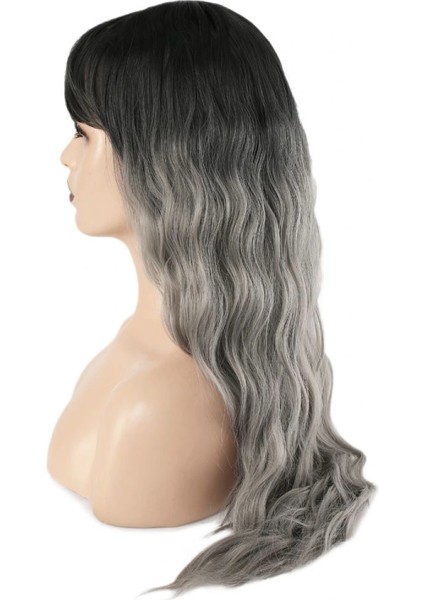 Perçemli Uzun Su Dalgası Fiber Sentetik Peruk - Siyah / Gri Ombreli fırsatları
