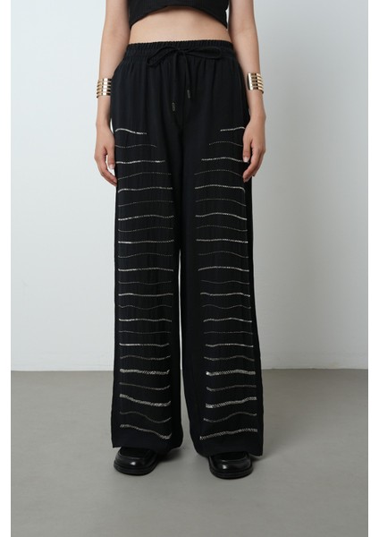 Kadın Yatay Şerit Taş Işlemeli Düz Renk Beli Lastikli Bol Paça Pantolon