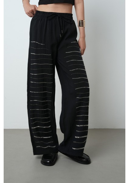 Kadın Yatay Şerit Taş Işlemeli Düz Renk Beli Lastikli Bol Paça Pantolon fiyatları