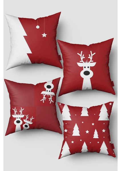 Kırmızı Beyaz Ren Geyiği ve Çam Ağacı Yılbaşı 4'lü Kırlent Kılıfı Seti
