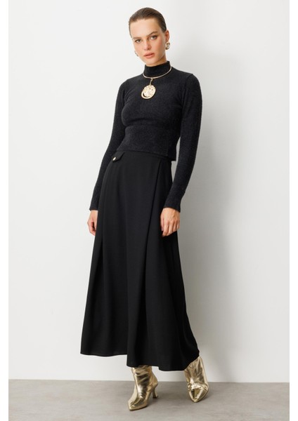 Sahte Cep Detaylı Krep Etek-Siyah fiyatları