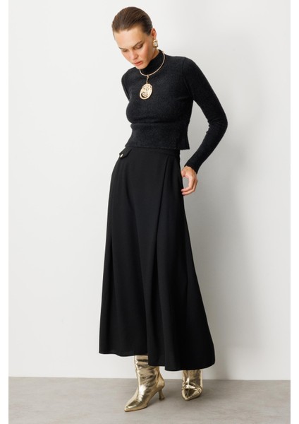 Sahte Cep Detaylı Krep Etek-Siyah fırsatları