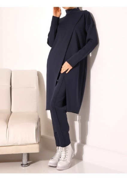 Siyah Dik Yaka Önü Çift Kat Tunik Pantolon Scuba Takım