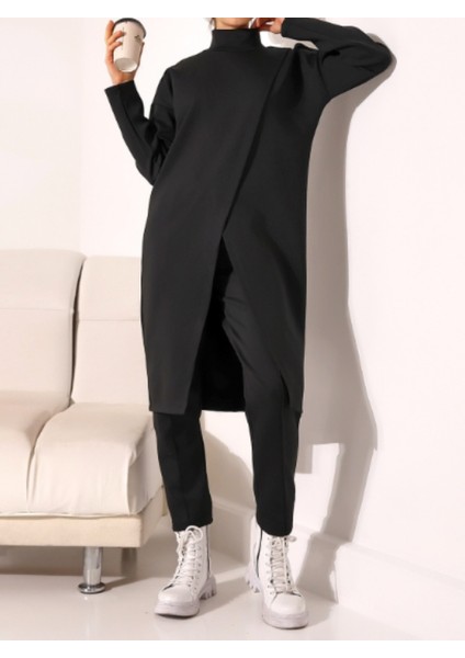 Siyah Dik Yaka Önü Çift Kat Tunik Pantolon Scuba Takım modelleri