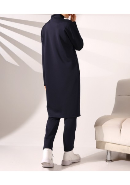 Siyah Dik Yaka Önü Çift Kat Tunik Pantolon Scuba Takım fırsatları