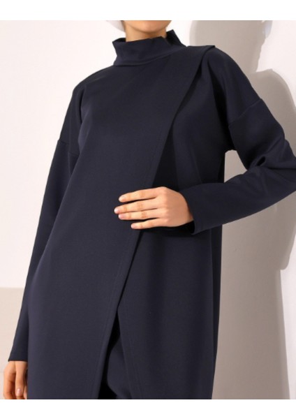 Siyah Dik Yaka Önü Çift Kat Tunik Pantolon Scuba Takım indirimleri