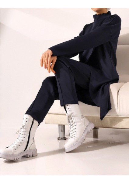 Siyah Dik Yaka Önü Çift Kat Tunik Pantolon Scuba Takım