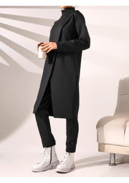 Siyah Dik Yaka Önü Çift Kat Tunik Pantolon Scuba Takım