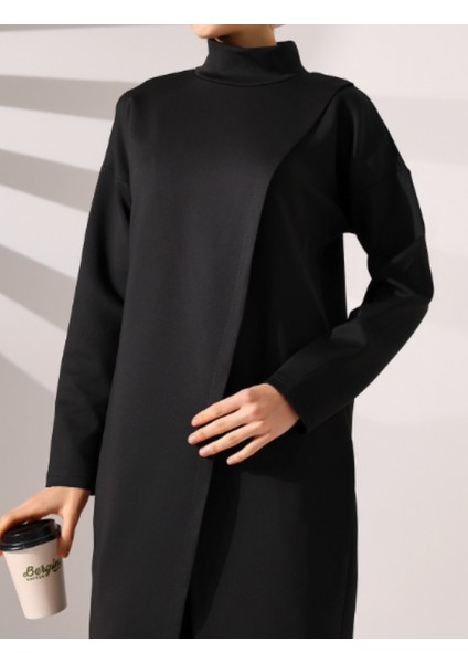 Siyah Dik Yaka Önü Çift Kat Tunik Pantolon Scuba Takım