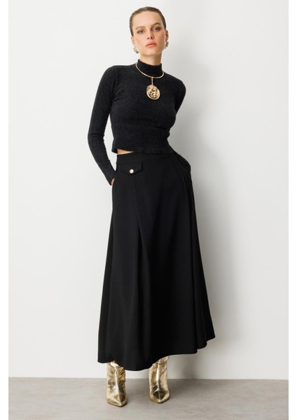 Sahte Cep Detaylı Krep Etek-Siyah indirimleri