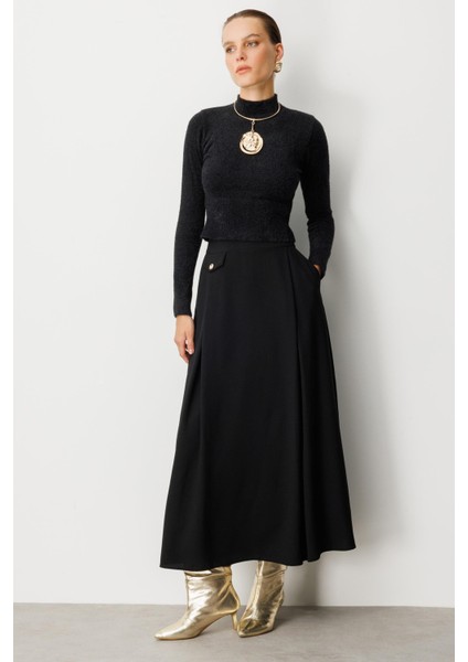 Sahte Cep Detaylı Krep Etek-Siyah