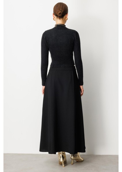 Sahte Cep Detaylı Krep Etek-Siyah