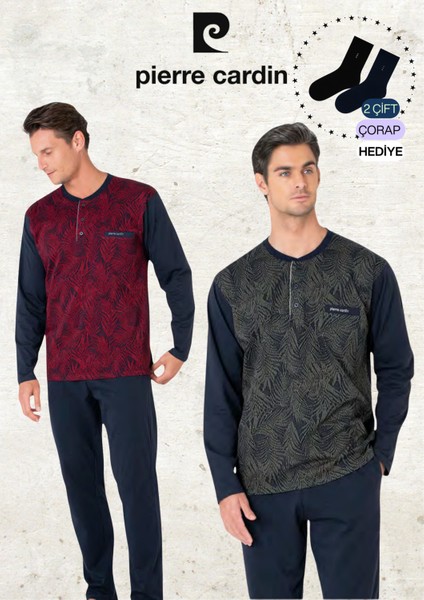 Erkek %100 Pamuk Uzun Kol Jakarlı Bordo & Haki Iki Adet Pijama Takımı L1.PC.6111.002