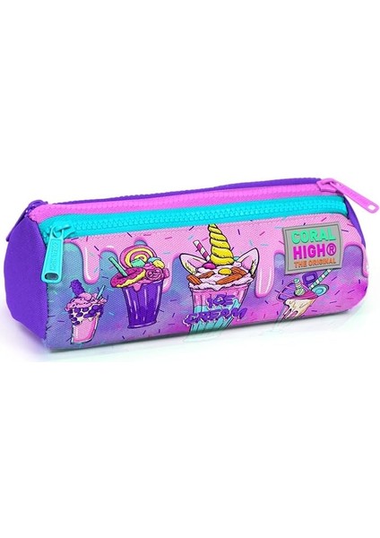 High Pembe Mor Dondurma Üç Bölmeli Kalem Çantası - Kız Çocuk