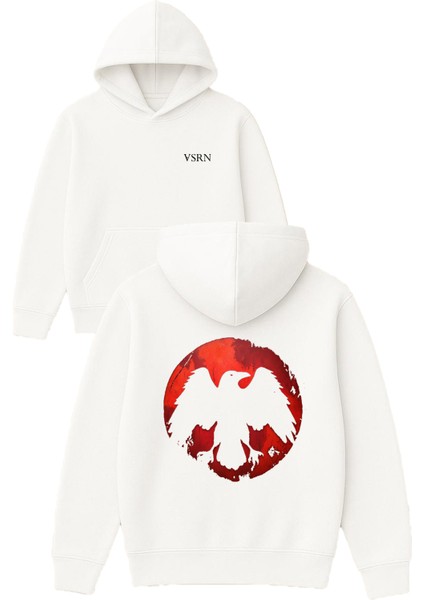Kırmızı Kus Tasarım Baskılı Oversize Beyaz Kapüşonlu Sweatshirt