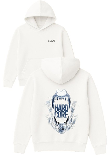 Hard Core Tasarım Baskılı Oversize Beyaz Kapüşonlu Sweatshirt