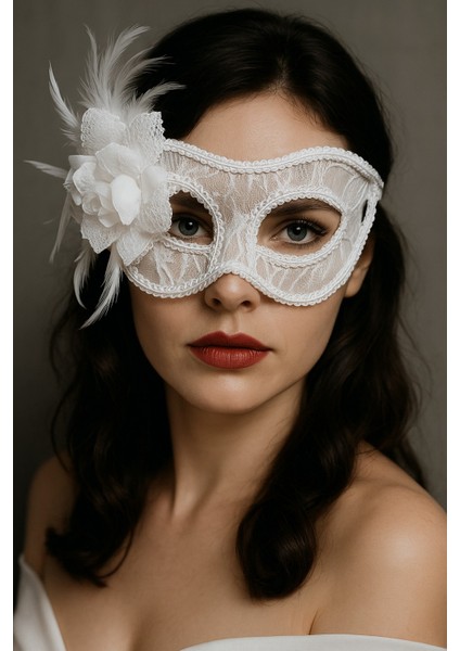 Dantel Temalı Tüllü Kuş Tüylü Çiçekli Maske Beyaz Göz Maskesi Şık Parti Kostüm Aksesuarı