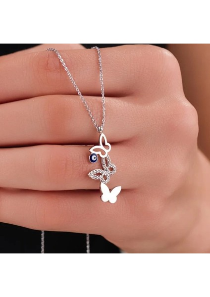 Kadın Kolye – Nazar Boncuklu Zirkon Taşlı Kelebek Figürlü, Kararmaz Antialerjik Gümüş Çelik Tasarım fiyatları