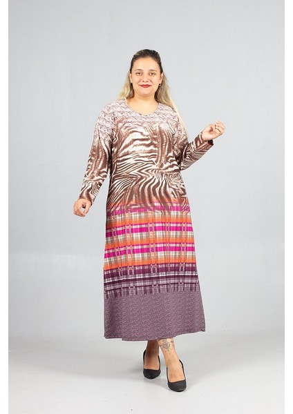 Sıcak Tutan Kalın Penye Büyük Beden Desenli Elbise Kışlık Rahat Şık