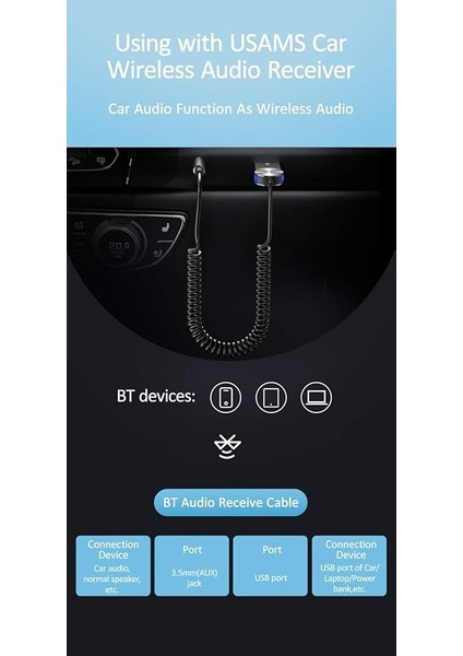 Usams Bluetooth 5.0 Receiver USB Aux Wireless Araç Kiti Telefon Konuşma Müzik Dinleme BA01 SJ464LVX fiyatları
