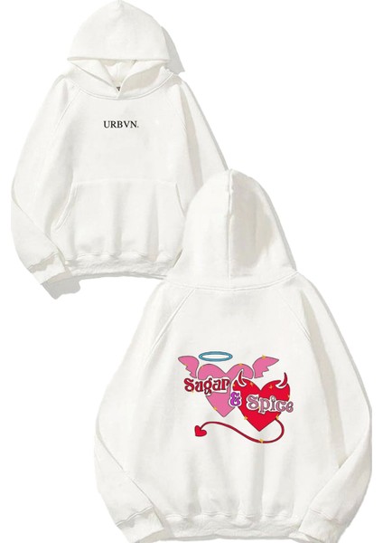 Sugar Spice Tasarım Baskılı Oversize Beyaz Kapüşonlu Sweatshirt