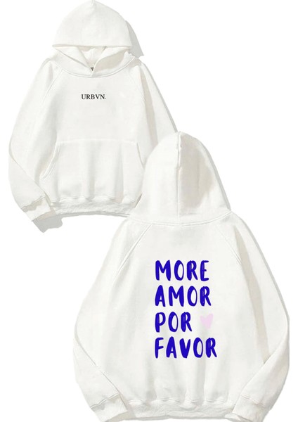 More Amor Tasarım Baskılı Oversize Beyaz Kapüşonlu Sweatshirt