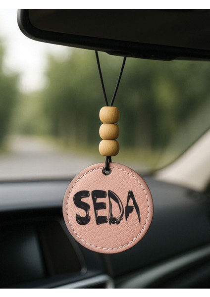 Kişiye Özel Isim Yazılı 1.sınıf Deri Ahşap Dekorlu Dikiz Aynası Süsü Pudra Pembe - Brushed