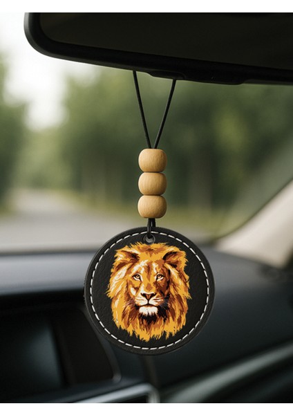 1.sınıf Suni Deri Süslemeli Desenli Uv Baskı Dikiz Araç Aynası Süsü Siyah - Sarı Kırmızı Aslan