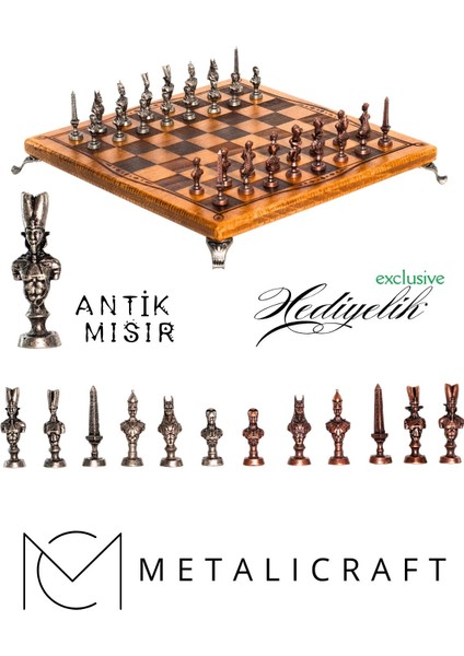 MC40 Antik Mısır Figürlü Metal Satranç Takımı - Lüks Hediyelik Satranç Takımı