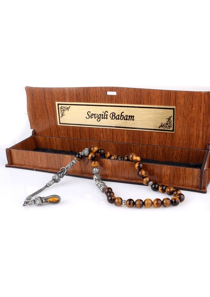 Gümüş Püsküllü Sevgili Babam Yazılı Ahşap Kutulu Onix Taşlı Tesbih