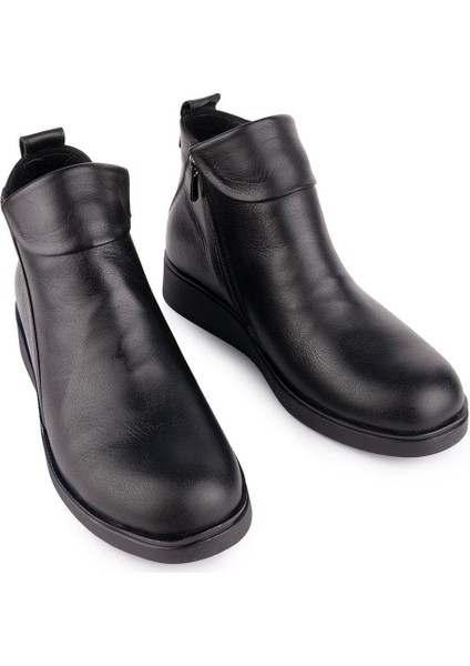 Hakiki Deri Ortopedik Taban Fermuarlı Modern Bot Siyah 2401