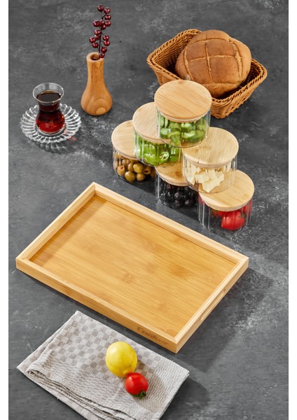 6’lı Borosilikat Cam Kahvaltılık Seti – Bambu Kapaklı ve Ahşap Tepsili Sunum Seti modelleri