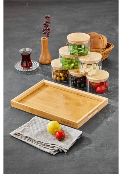 6’lı Borosilikat Cam Kahvaltılık Seti – Bambu Kapaklı ve Ahşap Tepsili Sunum Seti fırsatları