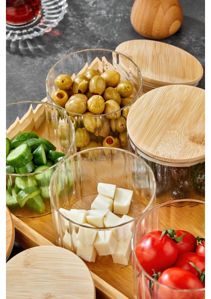 6’lı Borosilikat Cam Kahvaltılık Seti – Bambu Kapaklı ve Ahşap Tepsili Sunum Seti