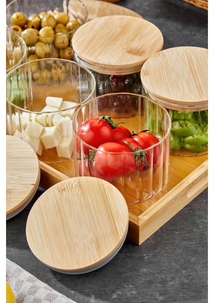 6’lı Borosilikat Cam Kahvaltılık Seti – Bambu Kapaklı ve Ahşap Tepsili Sunum Seti
