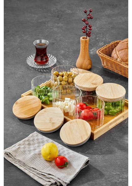 6’lı Borosilikat Cam Kahvaltılık Seti – Bambu Kapaklı ve Ahşap Tepsili Sunum Seti