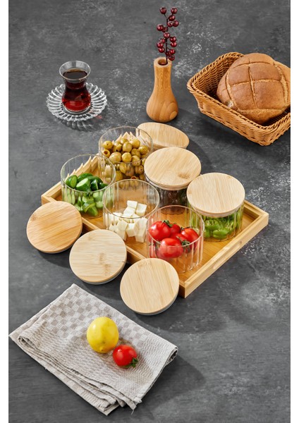 6’lı Borosilikat Cam Kahvaltılık Seti – Bambu Kapaklı ve Ahşap Tepsili Sunum Seti