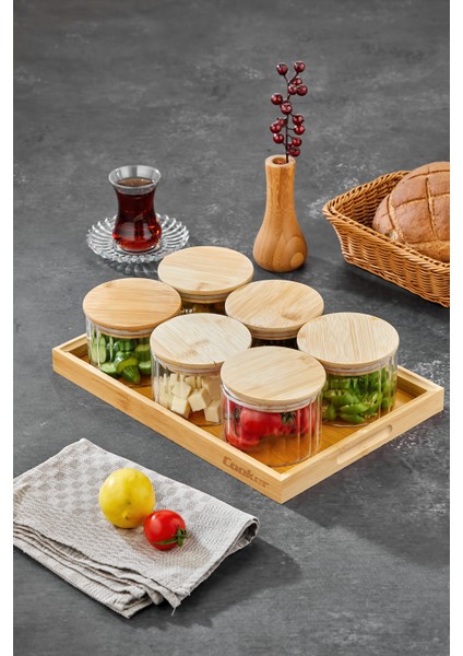 6’lı Borosilikat Cam Kahvaltılık Seti – Bambu Kapaklı ve Ahşap Tepsili Sunum Seti